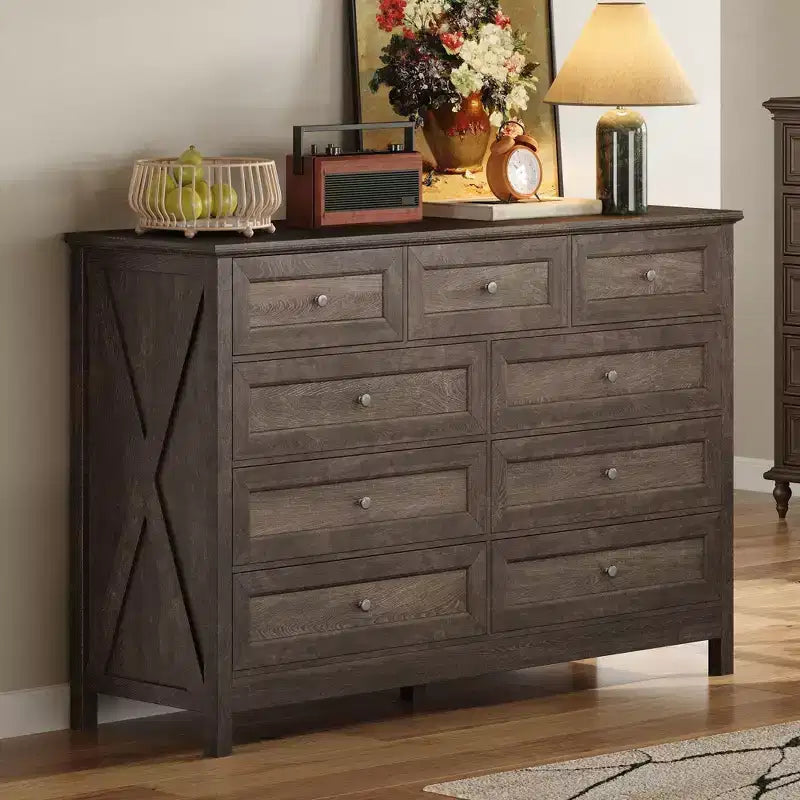 Commode de chambre rustique moderne à 9 tiroirs avec poignée argentée, commode en bois minimaliste, chiffonnier pour chambre à coucher, entrée