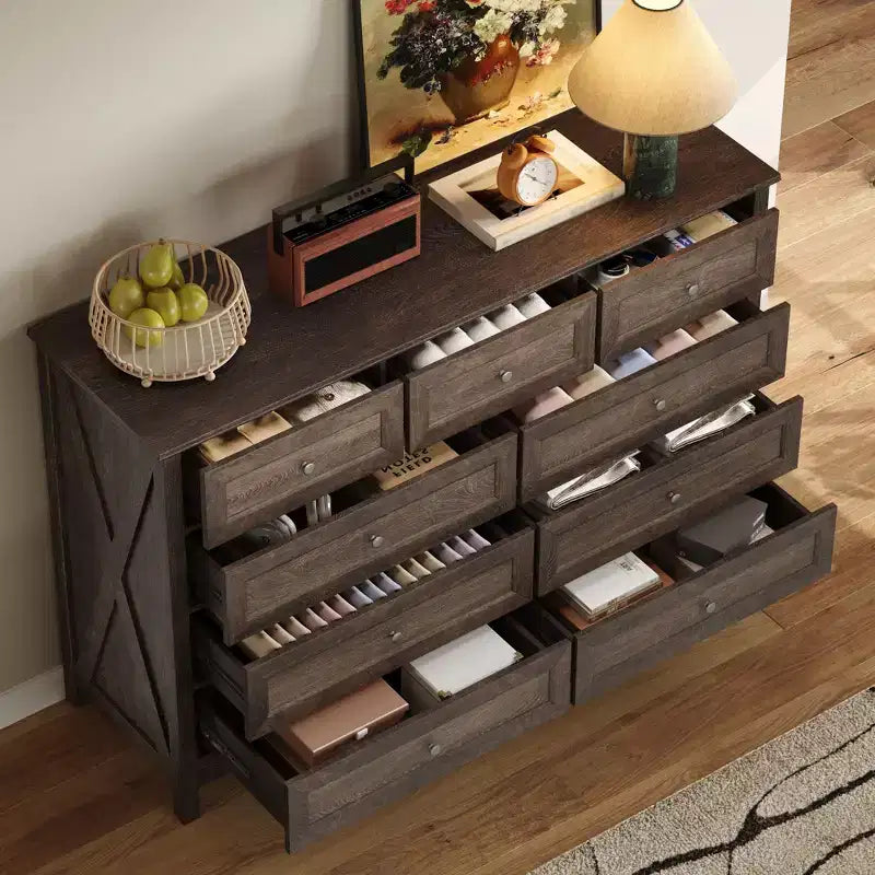 Commode de chambre rustique moderne à 9 tiroirs avec poignée argentée, commode en bois minimaliste, chiffonnier pour chambre à coucher, entrée