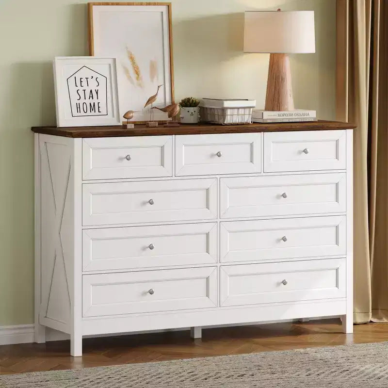 Commode de chambre rustique moderne à 9 tiroirs avec poignée argentée, commode en bois minimaliste, chiffonnier pour chambre à coucher, entrée