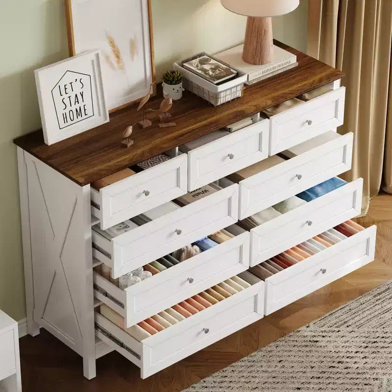 Commode de chambre rustique moderne à 9 tiroirs avec poignée argentée, commode en bois minimaliste, chiffonnier pour chambre à coucher, entrée