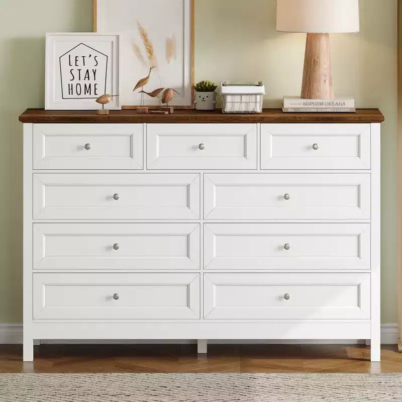 Commode de chambre rustique moderne à 9 tiroirs avec poignée argentée, commode en bois minimaliste, chiffonnier pour chambre à coucher, entrée