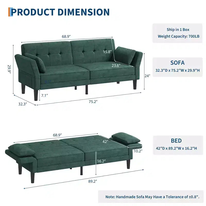 89 Futon Sofa Bed, Convertible Sleeper Sofa with Adjustable Backrest & Armrest, Modern Loveseat Sleeper for Living Room Bedroom Apartments