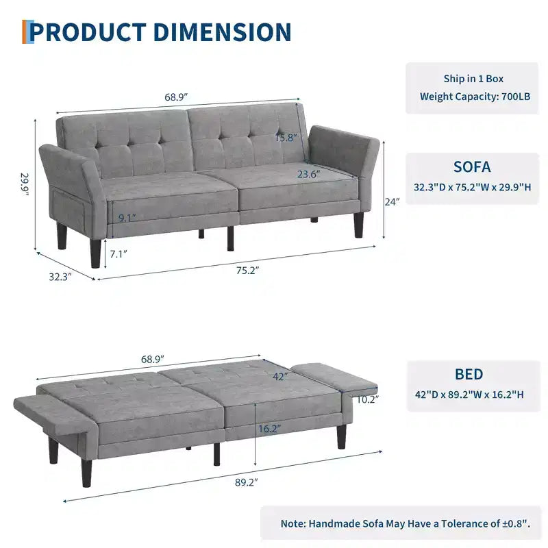 89 Futon Sofa Bed, Convertible Sleeper Sofa with Adjustable Backrest & Armrest, Modern Loveseat Sleeper for Living Room Bedroom Apartments