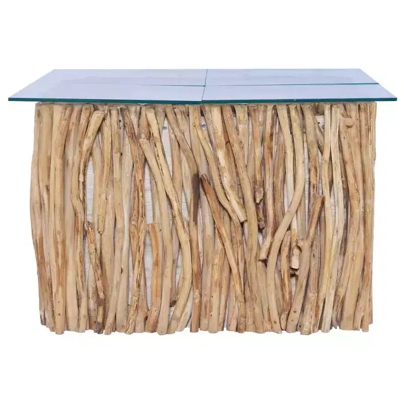 Table basse carrée en teck massif - Fabriquée à la main pour salon avec plateau en verre, 26x26x15.7 marron