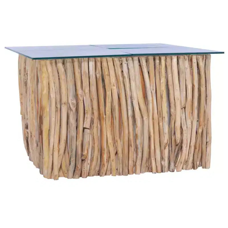 Table basse carrée en teck massif - Fabriquée à la main pour salon avec plateau en verre, 26x26x15.7 marron