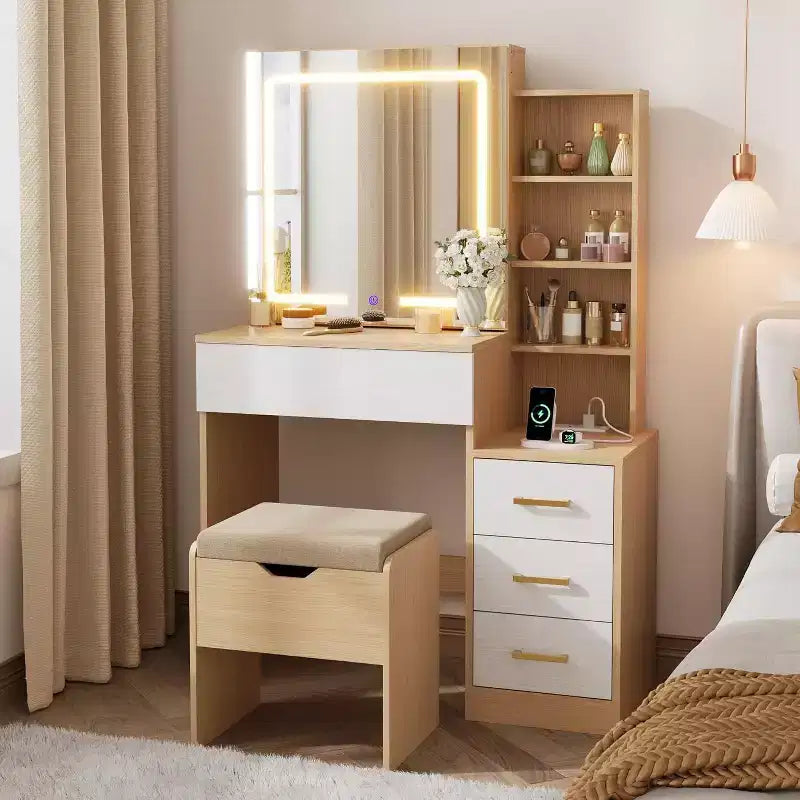 Coiffeuse de maquillage avec miroir coulissant, coiffeuse avec 3 lumières réglables, tabouret, 4 tiroirs de coiffeuse compacts, prise de courant, noire