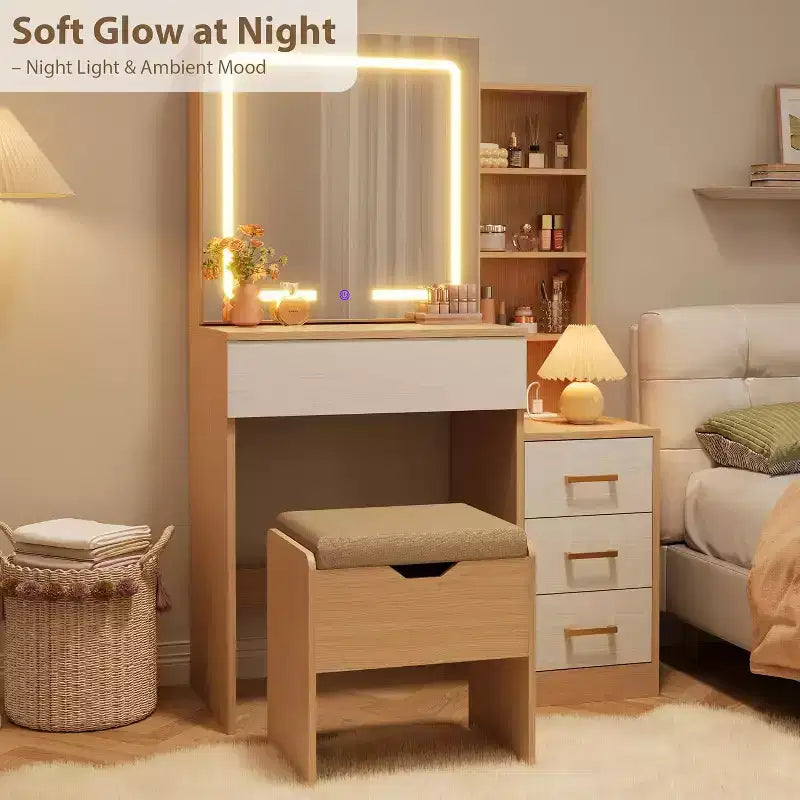 Coiffeuse de maquillage avec miroir coulissant, coiffeuse avec 3 lumières réglables, tabouret, 4 tiroirs de coiffeuse compacts, prise de courant, noire