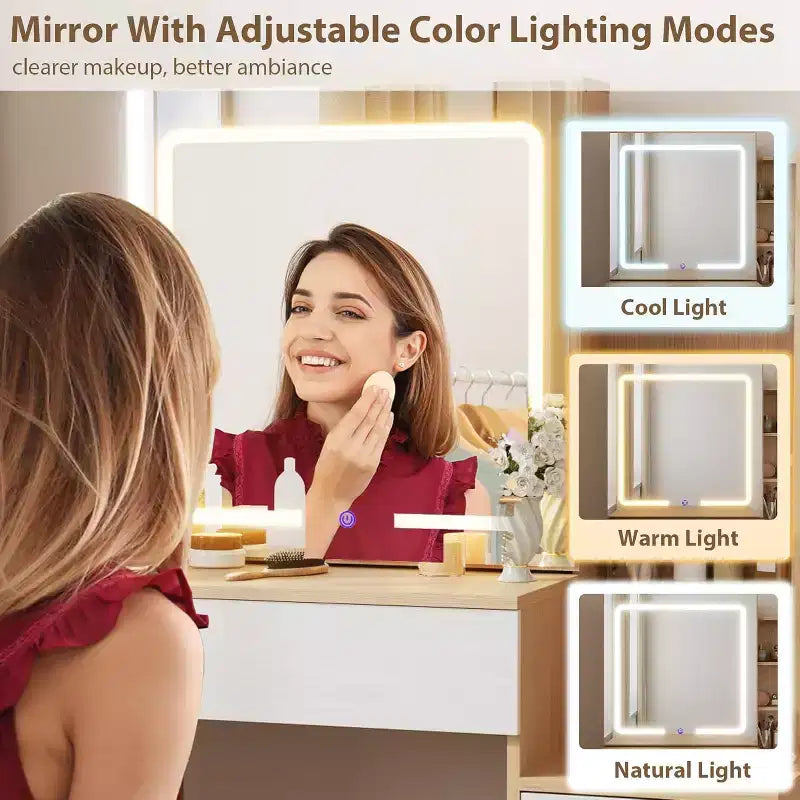 Coiffeuse de maquillage avec miroir coulissant, coiffeuse avec 3 lumières réglables, tabouret, 4 tiroirs de coiffeuse compacts, prise de courant, noire