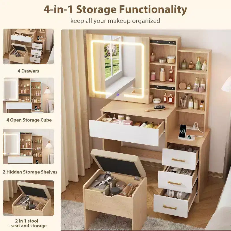 Coiffeuse de maquillage avec miroir coulissant, coiffeuse avec 3 lumières réglables, tabouret, 4 tiroirs de coiffeuse compacts, prise de courant, noire