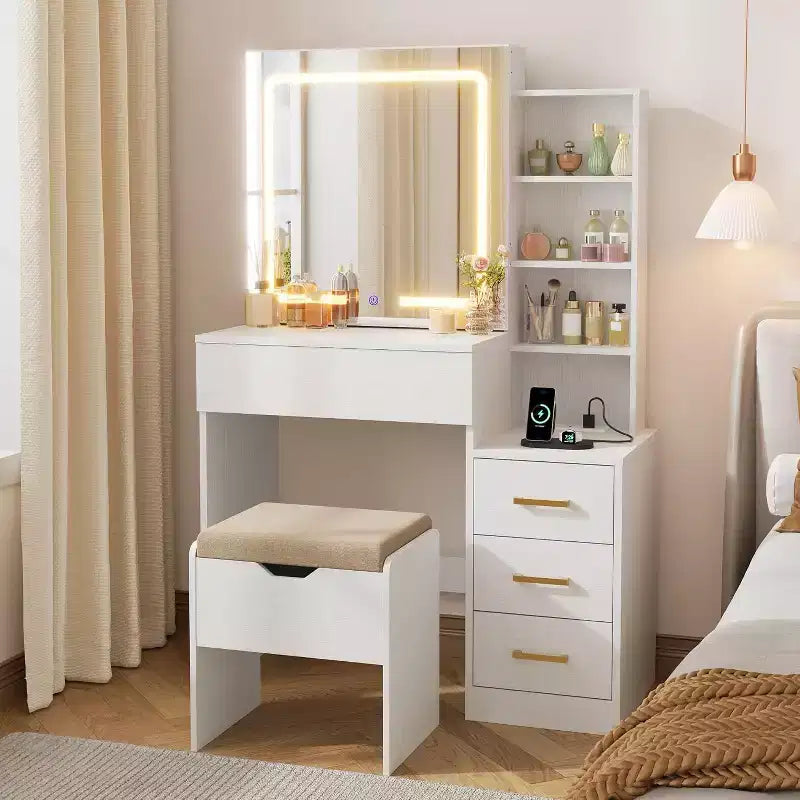 Coiffeuse de maquillage avec miroir coulissant, coiffeuse avec 3 lumières réglables, tabouret, 4 tiroirs de coiffeuse compacts, prise de courant, noire