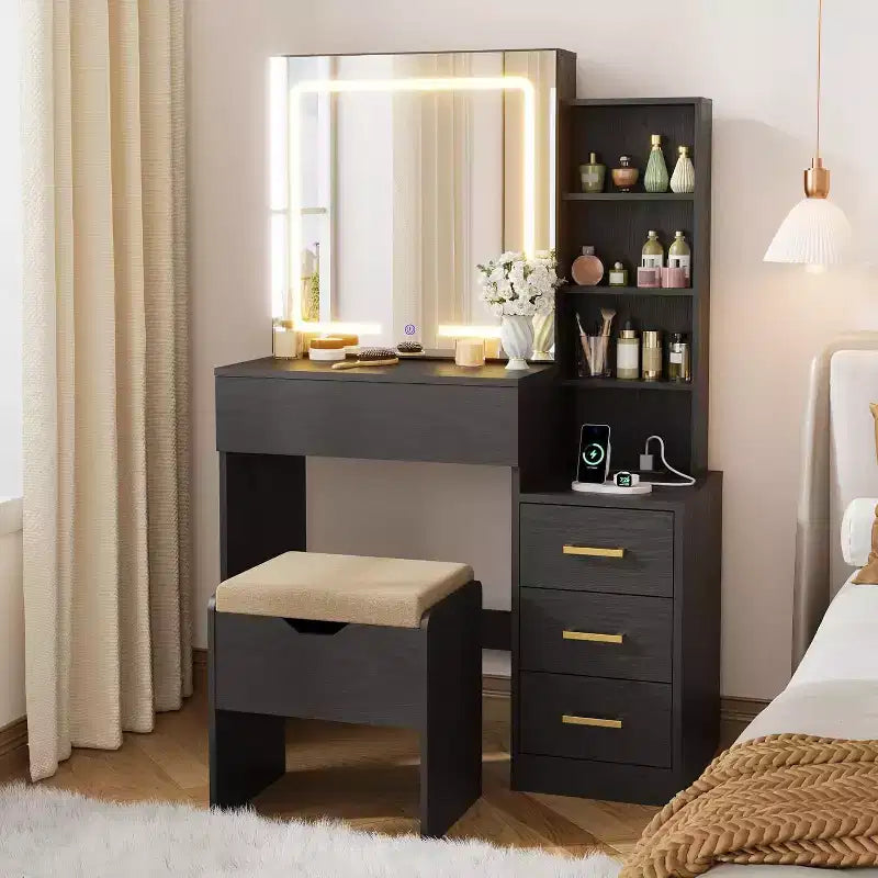 Coiffeuse de maquillage avec miroir coulissant, coiffeuse avec 3 lumières réglables, tabouret, 4 tiroirs de coiffeuse compacts, prise de courant, noire