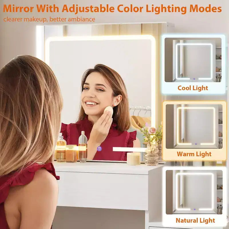 Coiffeuse de maquillage avec miroir coulissant, coiffeuse avec 3 lumières réglables, tabouret, 4 tiroirs de coiffeuse compacts, prise de courant, noire