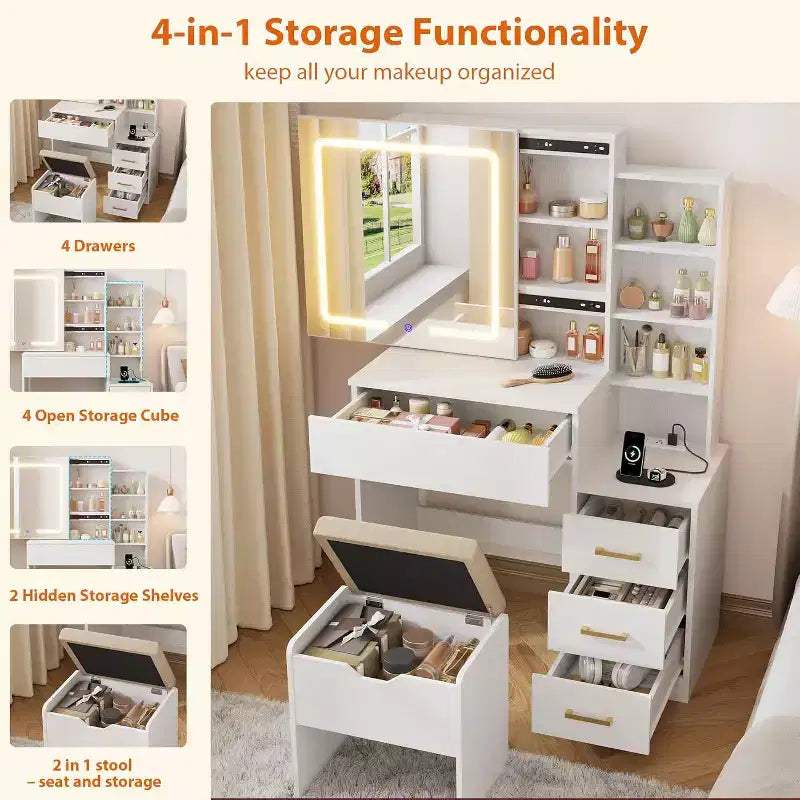Coiffeuse de maquillage avec miroir coulissant, coiffeuse avec 3 lumières réglables, tabouret, 4 tiroirs de coiffeuse compacts, prise de courant, noire