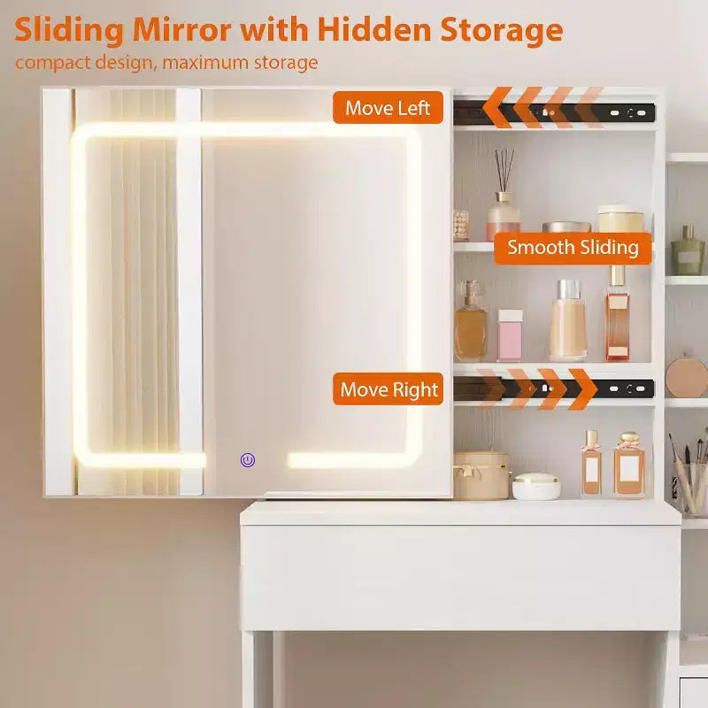 Coiffeuse de maquillage avec miroir coulissant, coiffeuse avec 3 lumières réglables, tabouret, 4 tiroirs de coiffeuse compacts, prise de courant, noire