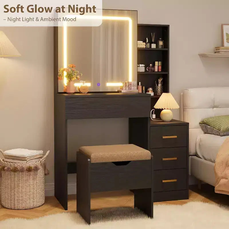Coiffeuse de maquillage avec miroir coulissant, coiffeuse avec 3 lumières réglables, tabouret, 4 tiroirs de coiffeuse compacts, prise de courant, noire