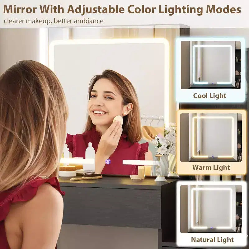 Coiffeuse de maquillage avec miroir coulissant, coiffeuse avec 3 lumières réglables, tabouret, 4 tiroirs de coiffeuse compacts, prise de courant, noire