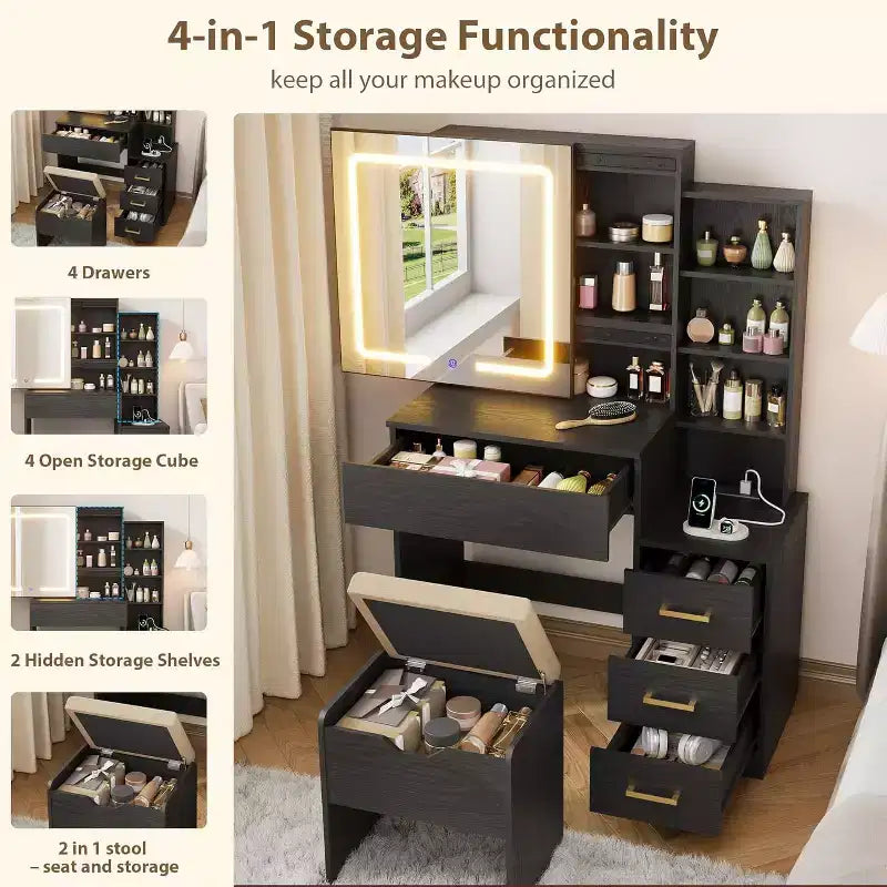 Coiffeuse de maquillage avec miroir coulissant, coiffeuse avec 3 lumières réglables, tabouret, 4 tiroirs de coiffeuse compacts, prise de courant, noire