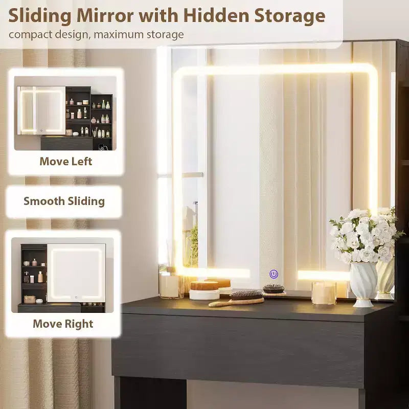 Coiffeuse de maquillage avec miroir coulissant, coiffeuse avec 3 lumières réglables, tabouret, 4 tiroirs de coiffeuse compacts, prise de courant, noire