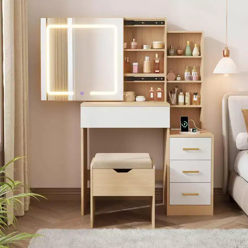 Makeup Vanity Desk with Sliding Mirror, Vanity Dressing Table with 3 Color Adjustable Lights, Stool, 4 Compact Vanity Drawers, Power Outlet, Black
