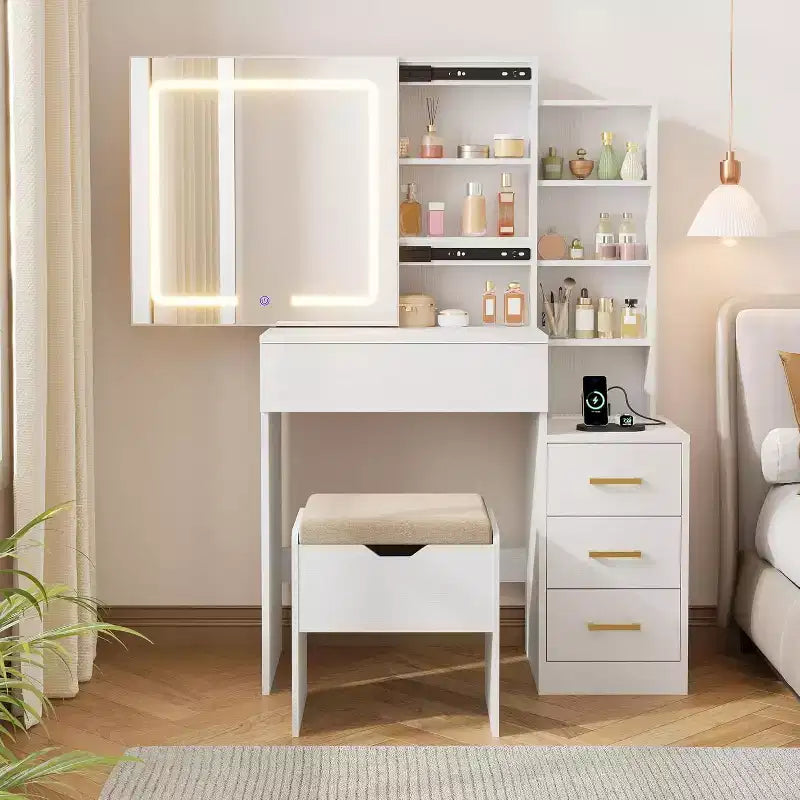 Makeup Vanity Desk with Sliding Mirror, Vanity Dressing Table with 3 Color Adjustable Lights, Stool, 4 Compact Vanity Drawers, Power Outlet, Black