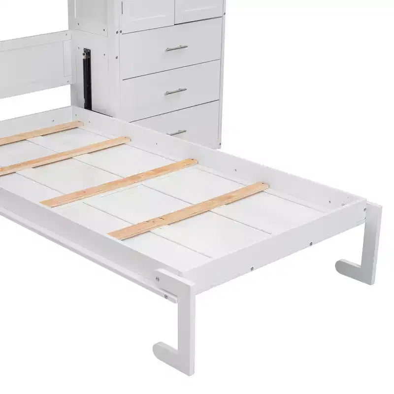 Murphy Bed Cabinet with Lockers and Storage Wardrobes Shelves, Wood Foldable Hidden Wall Platform Bedframe Chest, White