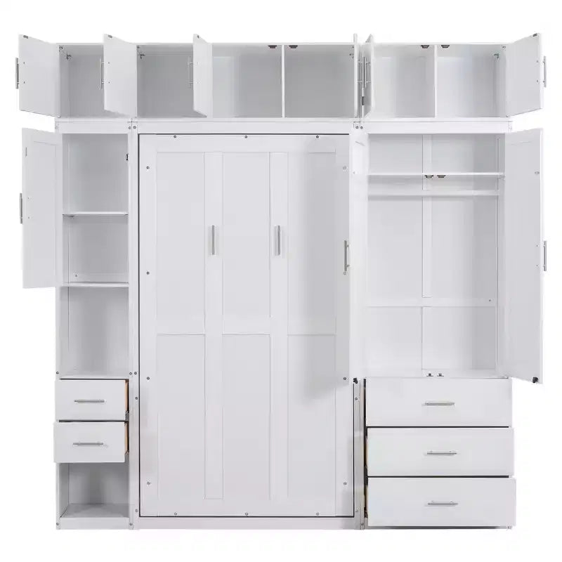 Murphy Bed Cabinet with Lockers and Storage Wardrobes Shelves, Wood Foldable Hidden Wall Platform Bedframe Chest, White