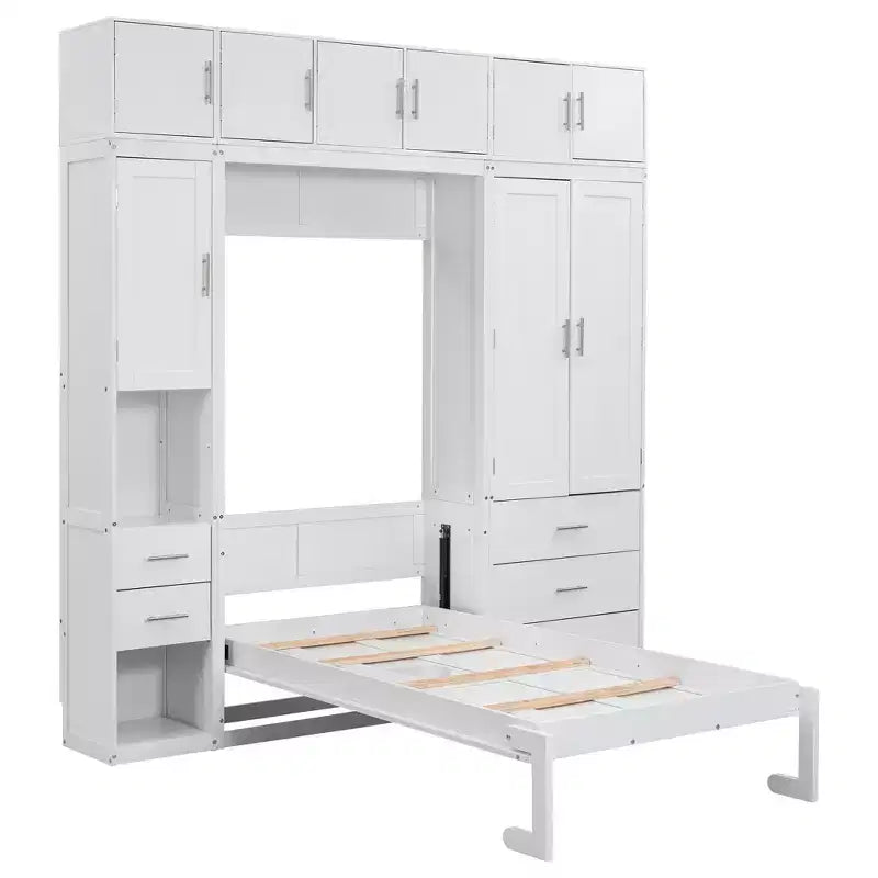 Murphy Bed Cabinet with Lockers and Storage Wardrobes Shelves, Wood Foldable Hidden Wall Platform Bedframe Chest, White