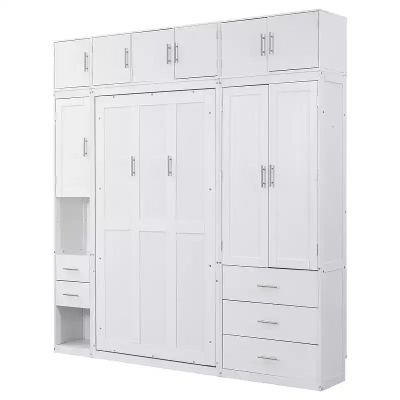 Murphy Bed Cabinet with Lockers and Storage Wardrobes Shelves, Wood Foldable Hidden Wall Platform Bedframe Chest, White