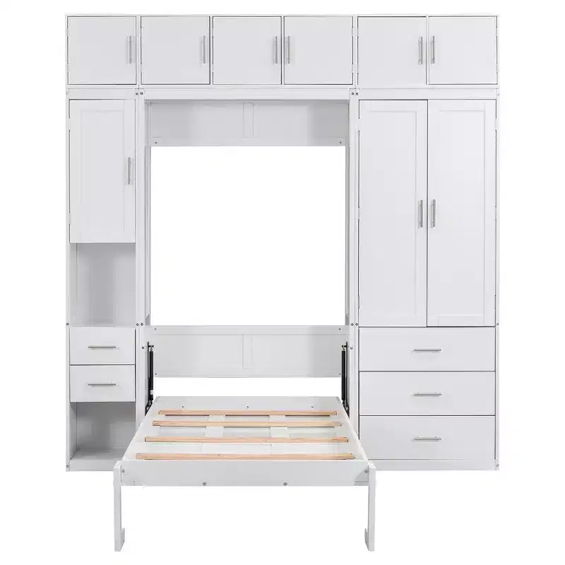 Murphy Bed Cabinet with Lockers and Storage Wardrobes Shelves, Wood Foldable Hidden Wall Platform Bedframe Chest, White