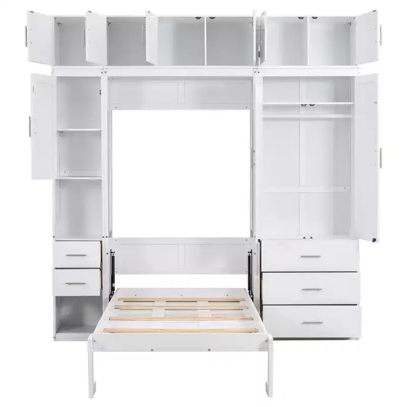 Murphy Bed Cabinet with Lockers and Storage Wardrobes Shelves, Wood Foldable Hidden Wall Platform Bedframe Chest, White