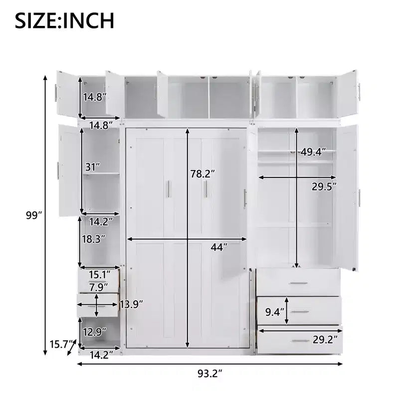Murphy Bed Cabinet with Lockers and Storage Wardrobes Shelves, Wood Foldable Hidden Wall Platform Bedframe Chest, White