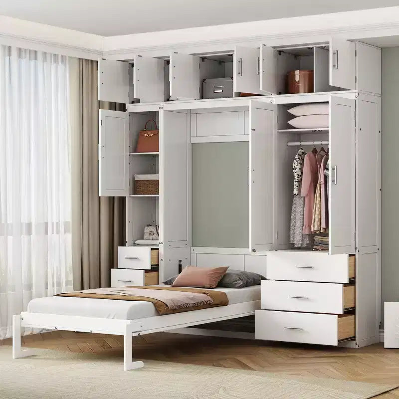 Murphy Bed Cabinet with Lockers and Storage Wardrobes Shelves, Wood Foldable Hidden Wall Platform Bedframe Chest, White