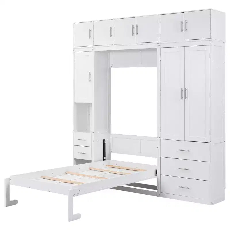 Murphy Bed Cabinet with Lockers and Storage Wardrobes Shelves, Wood Foldable Hidden Wall Platform Bedframe Chest, White