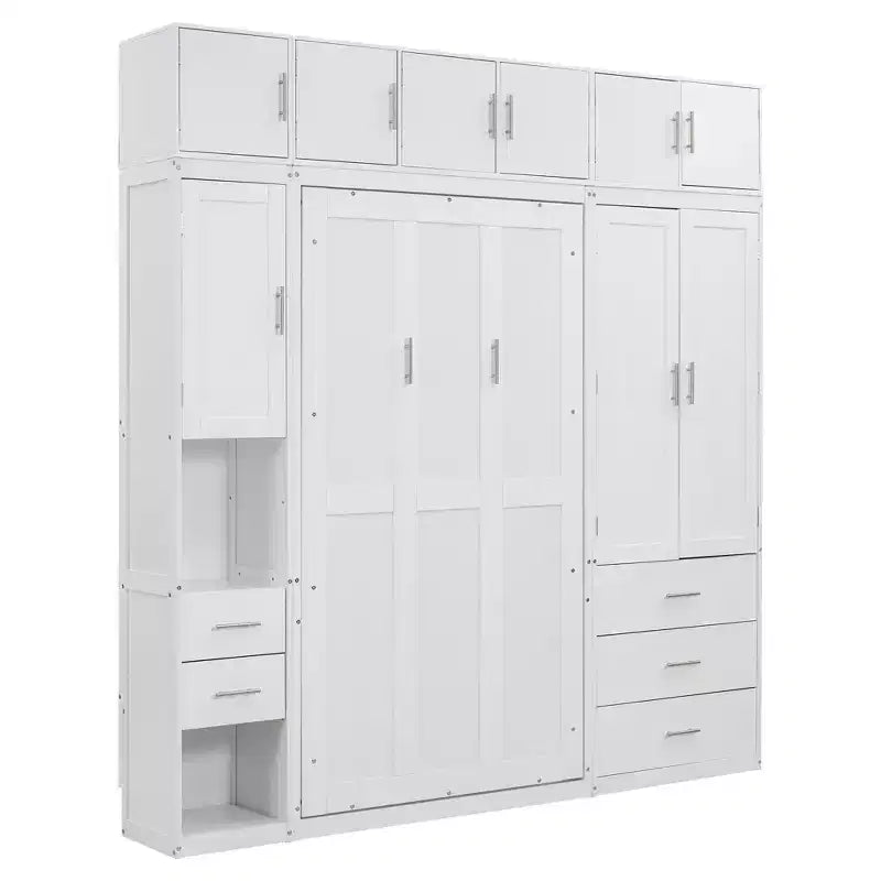 Murphy Bed Cabinet with Lockers and Storage Wardrobes Shelves, Wood Foldable Hidden Wall Platform Bedframe Chest, White