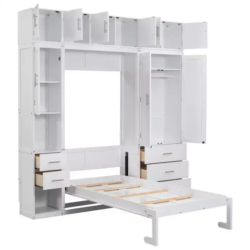Murphy Bed Cabinet with Lockers and Storage Wardrobes Shelves, Wood Foldable Hidden Wall Platform Bedframe Chest, White