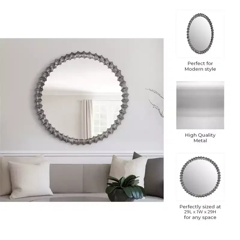 Modern Round Wall Mirror with Decorative Metal Frame - Glass Accent Mirror for Home, Office, Bedroom, Living Room - Metallic Finish - 29 Silver