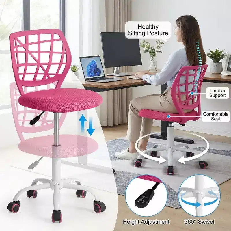 Desk Chair, Adjustable Computer Task Chair Office Chairs with Plastic Backrest and Padded Seat Cushion, Swivel Chair with Wheels, Pink