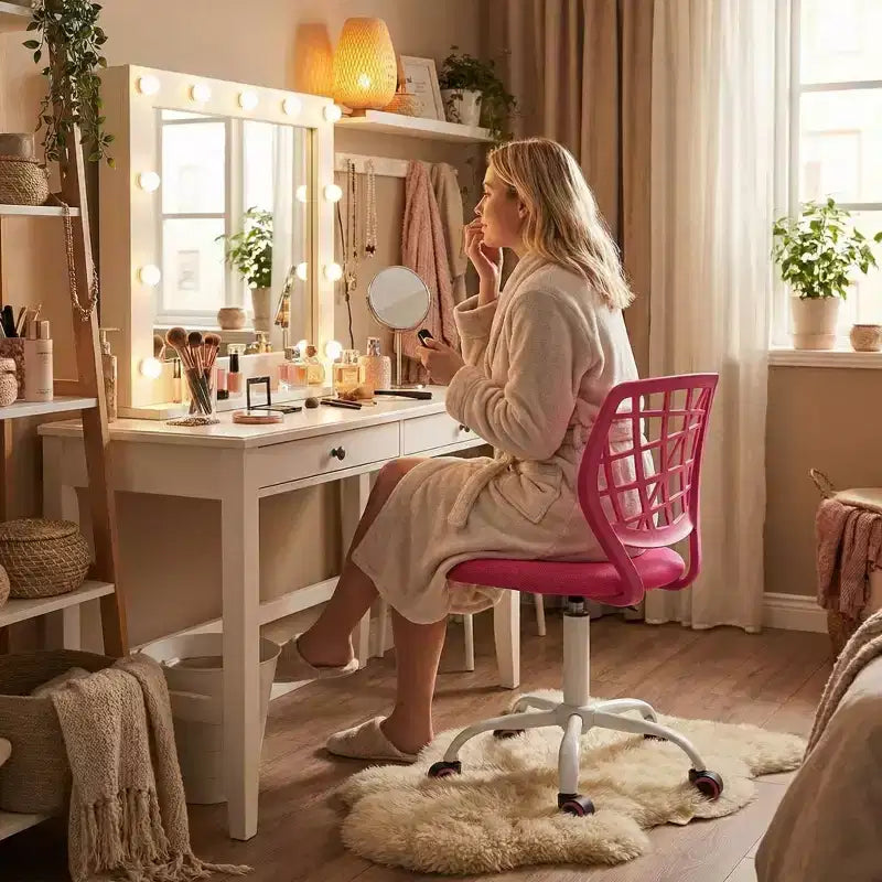 Desk Chair, Adjustable Computer Task Chair Office Chairs with Plastic Backrest and Padded Seat Cushion, Swivel Chair with Wheels, Pink