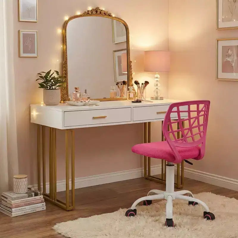 Desk Chair, Adjustable Computer Task Chair Office Chairs with Plastic Backrest and Padded Seat Cushion, Swivel Chair with Wheels, Pink