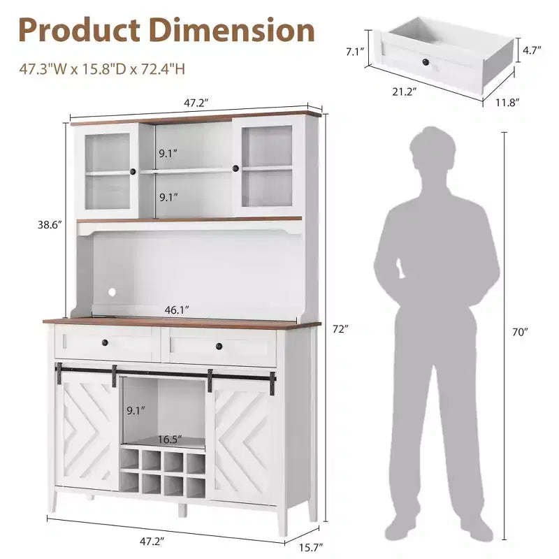 72 Tall Kitchen Pantry Cabinet, Freestanding Buffet Hutch with Sliding Barn Door & 2 Drawers, Wood Coffee Bar Cabinet for Living Room Kitchen