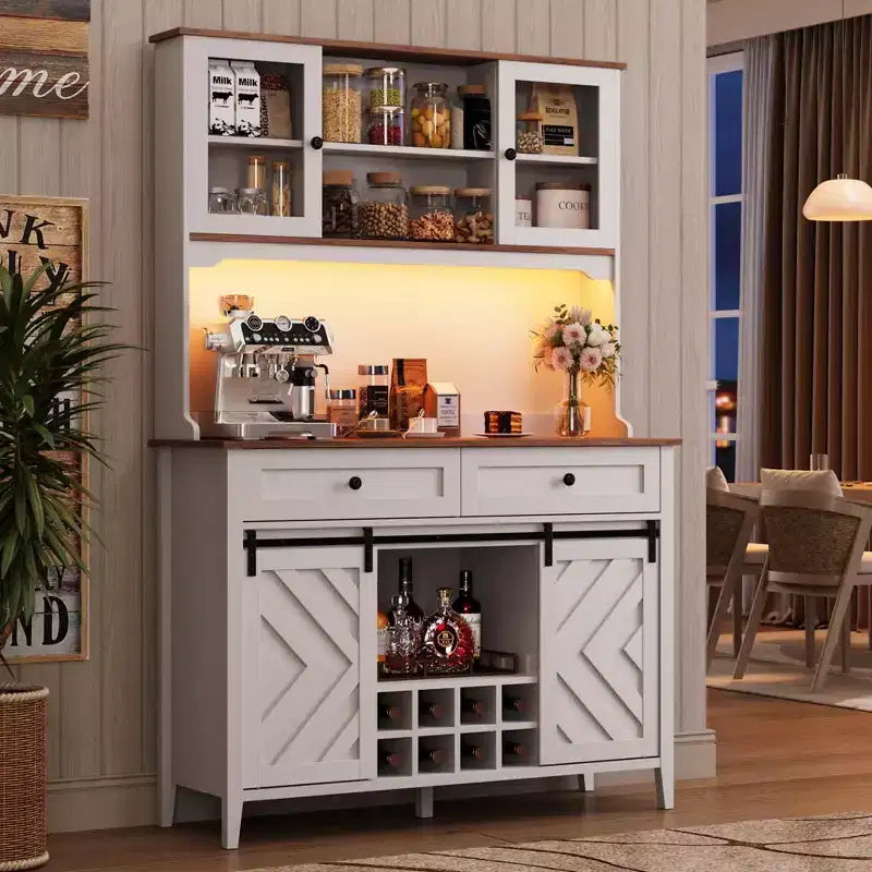 72 Tall Kitchen Pantry Cabinet, Freestanding Buffet Hutch with Sliding Barn Door & 2 Drawers, Wood Coffee Bar Cabinet for Living Room Kitchen