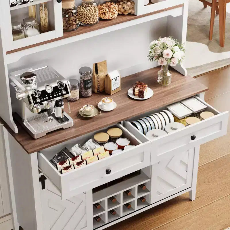 72 Tall Kitchen Pantry Cabinet, Freestanding Buffet Hutch with Sliding Barn Door & 2 Drawers, Wood Coffee Bar Cabinet for Living Room Kitchen
