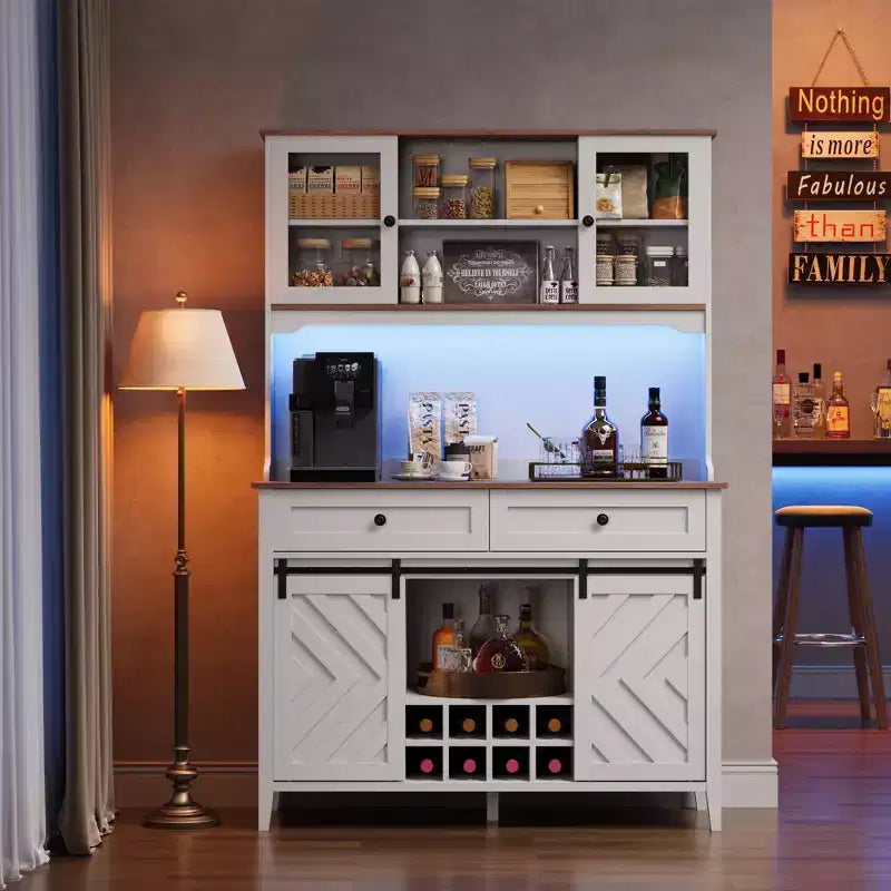 72 Tall Kitchen Pantry Cabinet, Freestanding Buffet Hutch with Sliding Barn Door & 2 Drawers, Wood Coffee Bar Cabinet for Living Room Kitchen