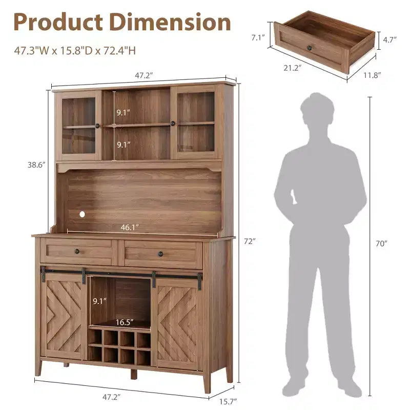 72 Tall Kitchen Pantry Cabinet, Freestanding Buffet Hutch with Sliding Barn Door & 2 Drawers, Wood Coffee Bar Cabinet for Living Room Kitchen