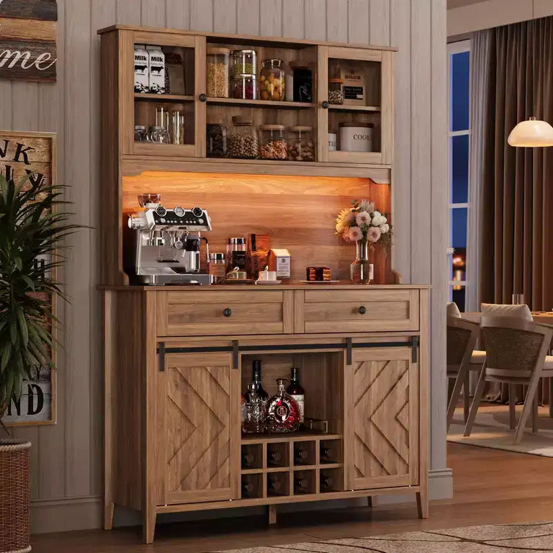 72 Tall Kitchen Pantry Cabinet, Freestanding Buffet Hutch with Sliding Barn Door & 2 Drawers, Wood Coffee Bar Cabinet for Living Room Kitchen