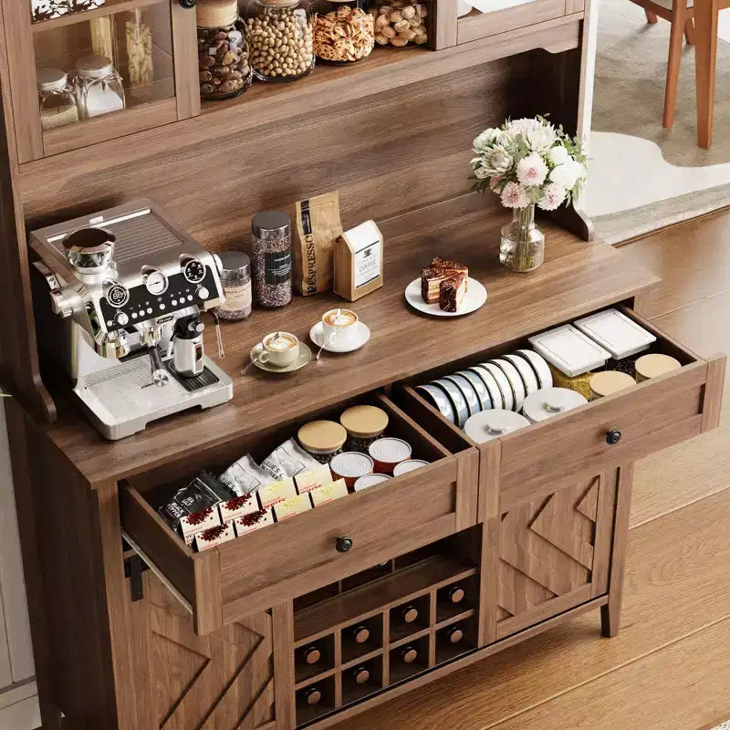 72 Tall Kitchen Pantry Cabinet, Freestanding Buffet Hutch with Sliding Barn Door & 2 Drawers, Wood Coffee Bar Cabinet for Living Room Kitchen