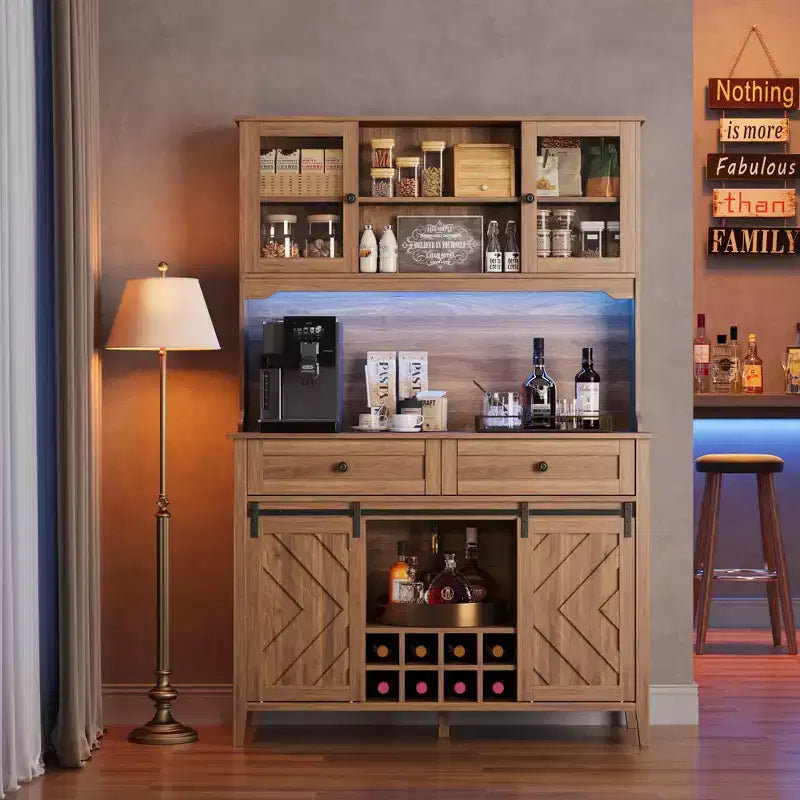 72 Tall Kitchen Pantry Cabinet, Freestanding Buffet Hutch with Sliding Barn Door & 2 Drawers, Wood Coffee Bar Cabinet for Living Room Kitchen