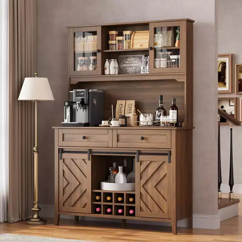 72 Tall Kitchen Pantry Cabinet, Freestanding Buffet Hutch with Sliding Barn Door & 2 Drawers, Wood Coffee Bar Cabinet for Living Room Kitchen