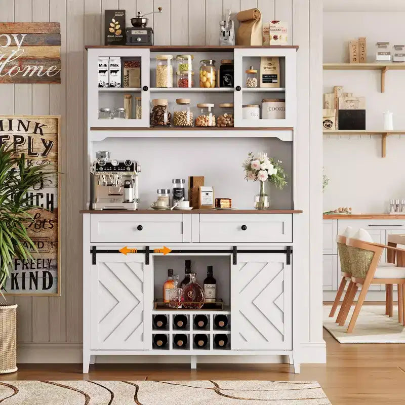 72 Tall Kitchen Pantry Cabinet, Freestanding Buffet Hutch with Sliding Barn Door & 2 Drawers, Wood Coffee Bar Cabinet for Living Room Kitchen