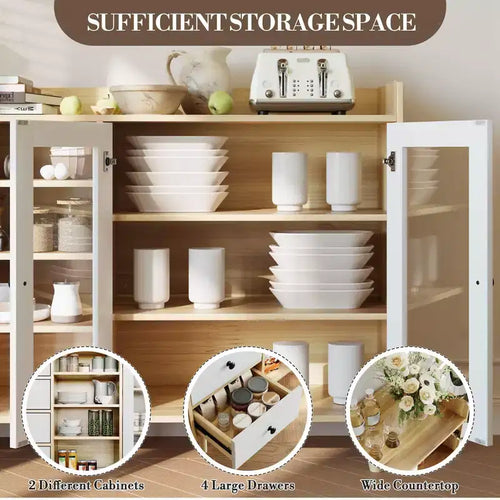 Meuble de rangement de cuisine rustique de 55 pouces, buffet avec tiroirs - Meuble de cuisine avec portes vitrées et étagères réglables